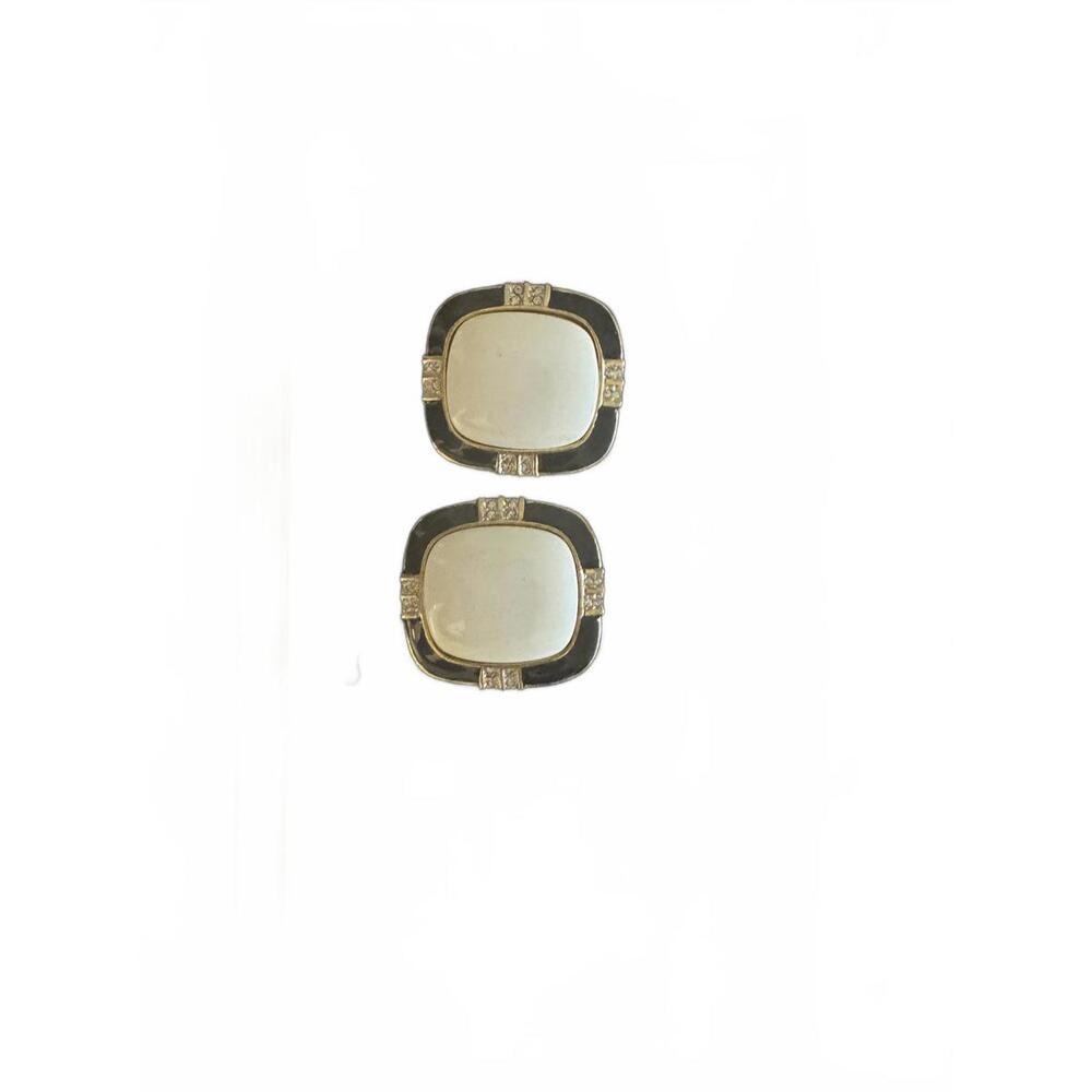 Vintage Kenneth Lane White Glass Black Enamel Clip-On Earrings 1.5" Long Signed